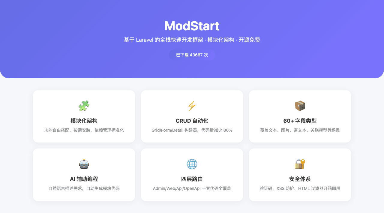 ModStart 框架概览:模块化架构、60+ 字段类型、CRUD 自动化
