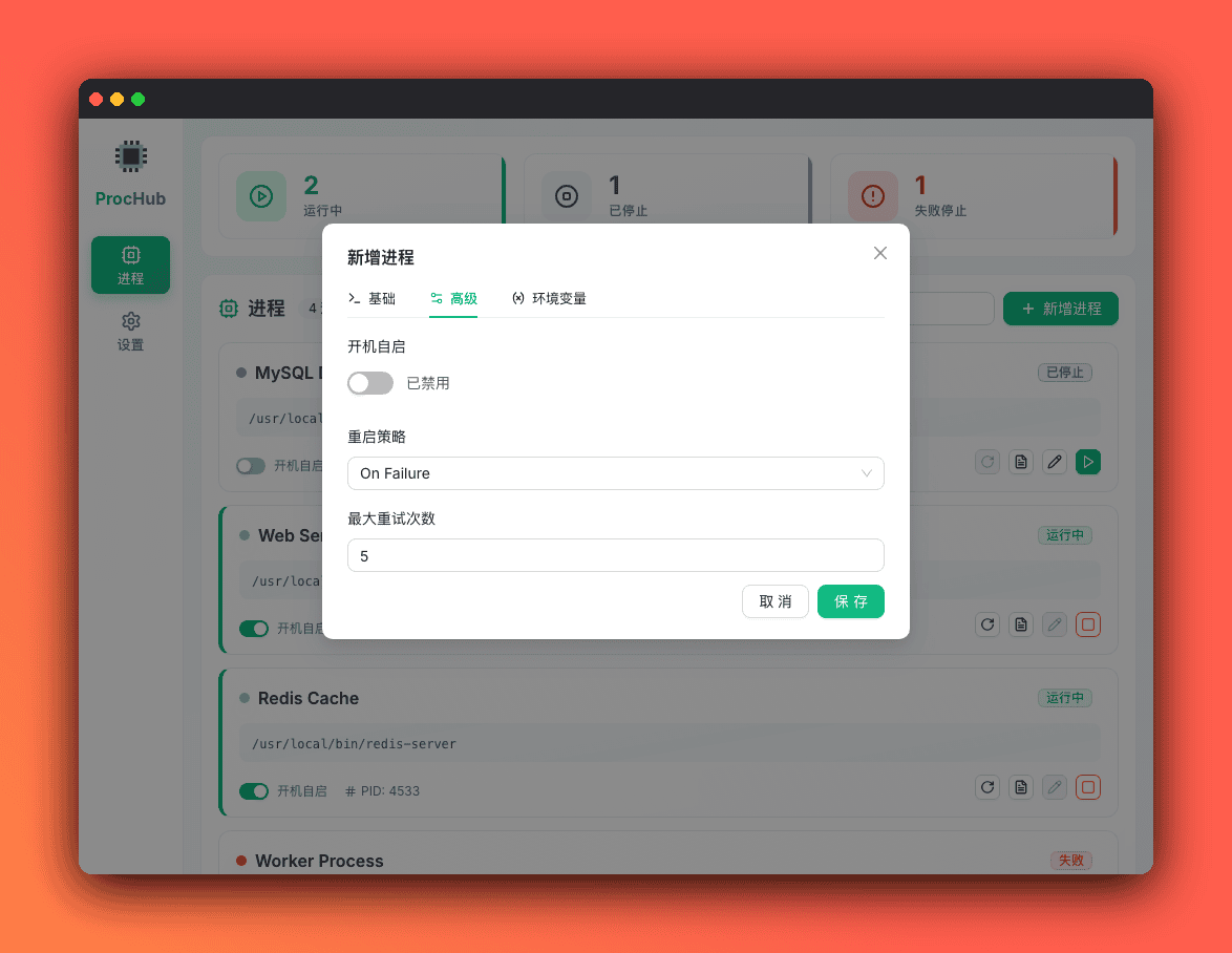 ProcHub 新增进程 - 高级设置